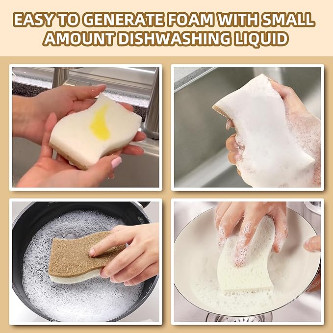 18 Pack Natural Kitchen Sponges, Biodegradable & Compostable | Non-Scratch Cellulose Coconut Fiber Sponges for Dishes, Pots & Pans | Eco-Friendly Cleaning Sponge (18)