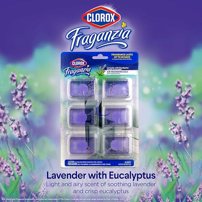 Clorox Fraganzia Stick-On Gel Fresheners, Lavender with Eucalyptus Trash Can Deodorizer Up to 30 Days Scent, Odor Absorber for Kitchen, Bathroom, Closet, No Plug or Batteries, 0.12 Fl Oz, 6 Count