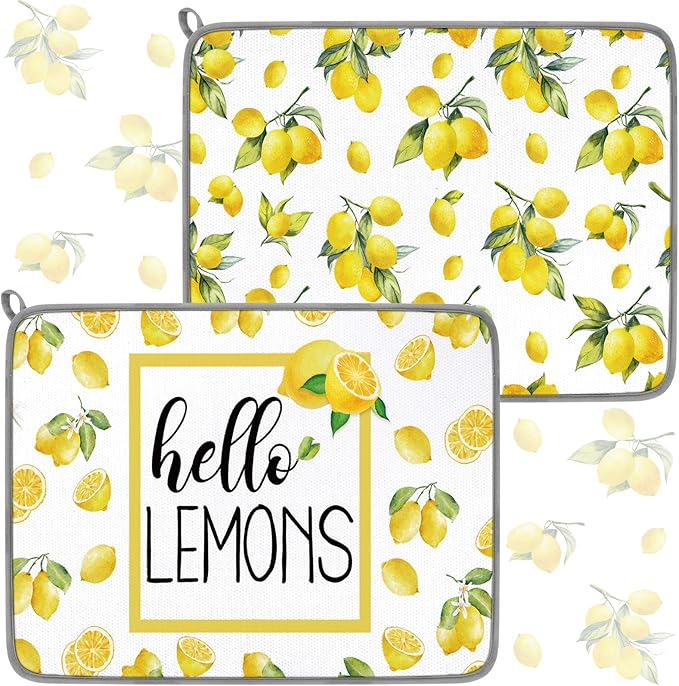 Zonon Dish Drying Mat for Kitchen Counter 16 x 24 Microfiber Absorbent Dish Drainer Rack Pads Fast Dry Mat Vintage Kitchen Decorations(Lemon)