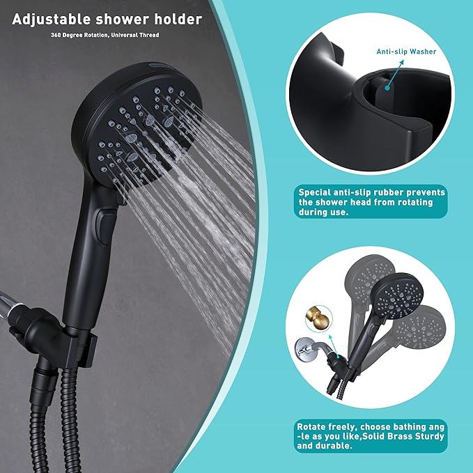 Handheld Shower Head with on off Switch&Built-in Power Spray,7-Setting High Pressure Spray Shower Wand with 79in Long Hose&Bracket and Extra Adhesive Shower Holder for Lower Mount,Black