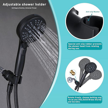 Handheld Shower Head with on off Switch&Built-in Power Spray,7-Setting High Pressure Spray Shower Wand with 79in Long Hose&Bracket and Extra Adhesive Shower Holder for Lower Mount,Black
