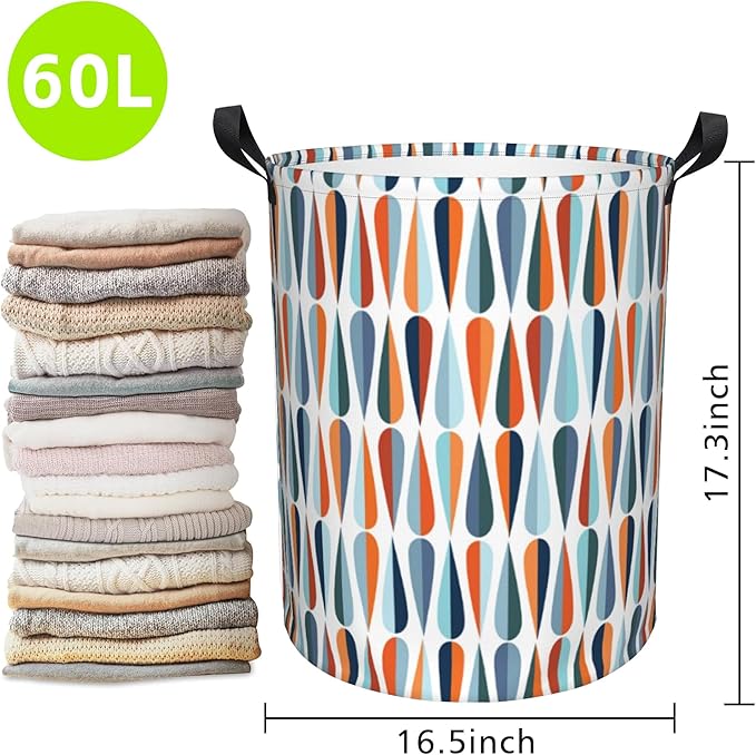 Mid-Century Modern Laundry Basket Foldable Laundry Hamper Waterproof Oxford Cloth Large Laundry Basket Clothes Storage Bucket Toy Organizer For Bathroom, Laundry, College 17.3 x16.5 Inch