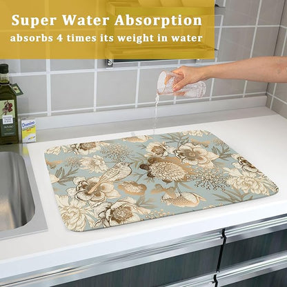 Retro Flower Bird Dish Drying Pad 18 x 24 Inch With Absorbent Reversible Microfiber Vintage Blue Gold Floral Drying Mats Dish Drainer Mat Fast Dry For Kitchen Dining Room Decoration