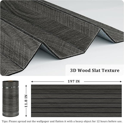 Grey/Black 3D Wood Panels for Wall Decor 197"x11.8" Peel and Stick Faux Wood Wall Panel Self Adhesive Soundproof Wooden Slats Paneling Wallpaper for Living Room Bedroom Office Work Shop