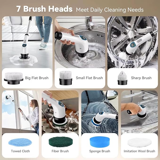 Electric Spin Scrubber, Cordless Power Cleaning Brush with 7 Replaceable Brush Heads, Waterproof Rechargeable Scrubber for Bathroom, Kitchen, Tile & Grout