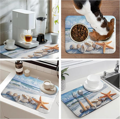 Summer Beach Dish Drying Mat for Kitchen Counter Starfish Coastal Shells Kitchen Dishes Dryer Pad Absorbent Matt Microfiber Washable Foldable Reusable Large 18x24 in
