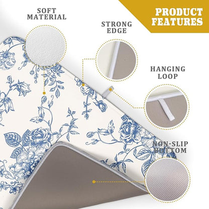 Vintage Blue Floral Dish Drying Mat for Kitchen Counter 18x24 Inch Chinoiserie Flowers Absorbent Reversible Microfiber Dish Pad Dish Drainer Rack Mats Countertops Protector Mat