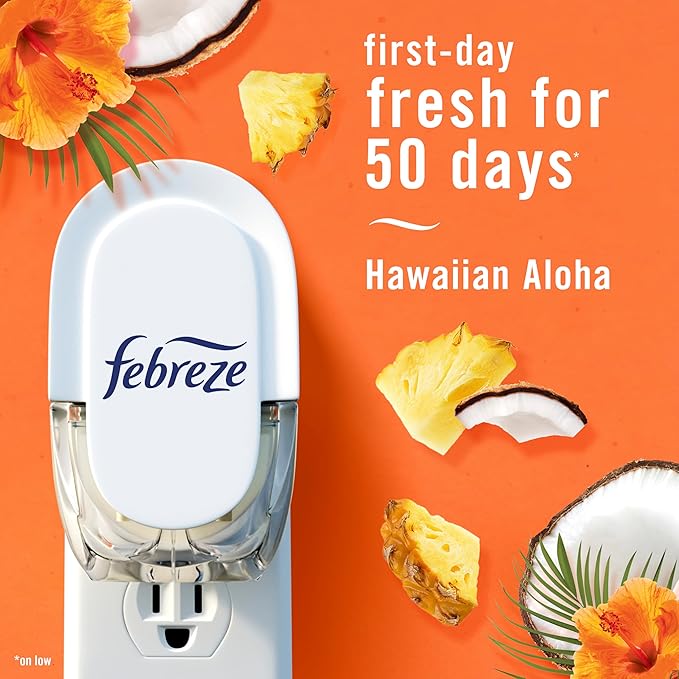 Febreze Plug In Air Freshener, Odor-Fighting Scented Oil Refill, Air Fresheners for Home and Bathroom and Kitchen, Long Lasting for Strong Odors, Hawaiian Aloha Scent, 0.87oz Refills, 4 Count