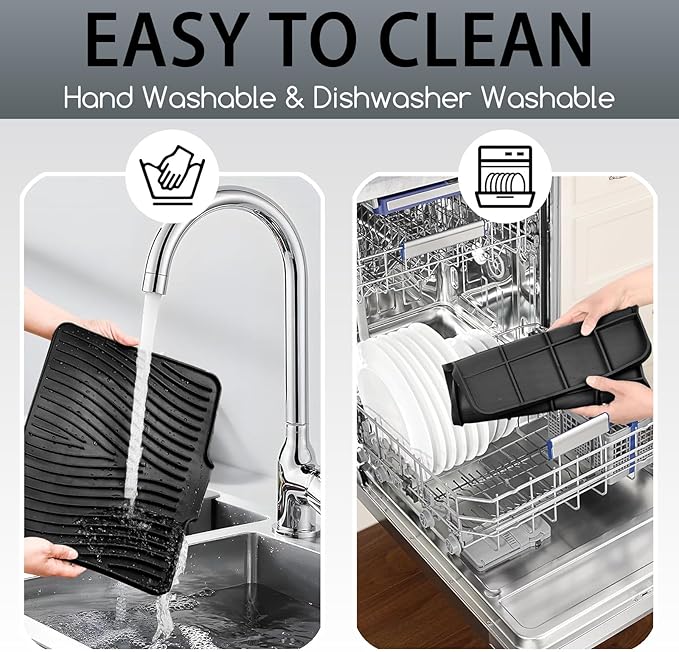 Large Premium Silicone Dish Drying Mat for Kitchen Counter - 18.5"x13" Non-Slip, Heat-Resistant (450°F) with Fast Drain & Hanging Hole, Multi-Use Kitchen Sink Drying Mat (Black)