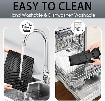 Large Premium Silicone Dish Drying Mat for Kitchen Counter - 18.5"x13" Non-Slip, Heat-Resistant (450°F) with Fast Drain & Hanging Hole, Multi-Use Kitchen Sink Drying Mat (Black)