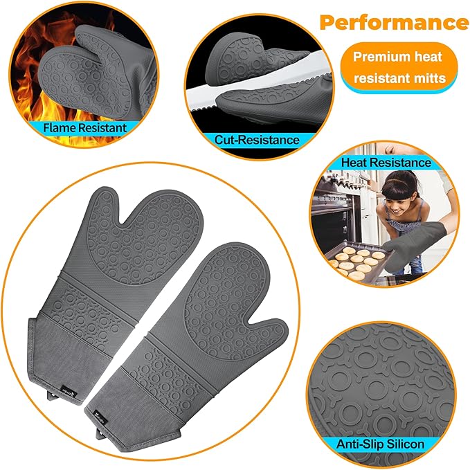 Oven Mitts and Hot Pads Sets, 8Pcs Extra Long Silicone Oven Gloves with Non-Slip Heat Resistant Hot Trivet Mats and Cooking Pinch Mitts Pot Holders Set for Baking Cooking, Grey