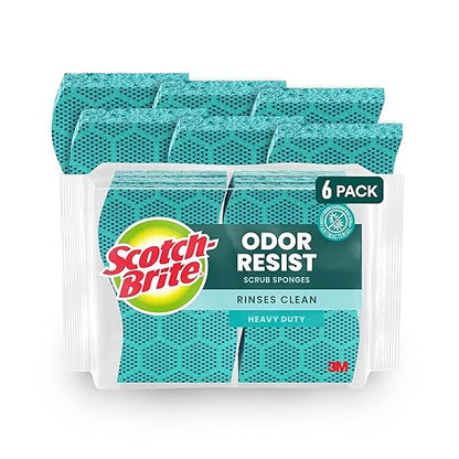 Scotch-Brite Odor Resist Heavy Duty Scrub Sponge, Dishwasher-Safe Kitchen sponges for Serious Scrubbing, Multipurpose Dish Sponge for Stuck-On Messes, 6 Scrubbing Sponges