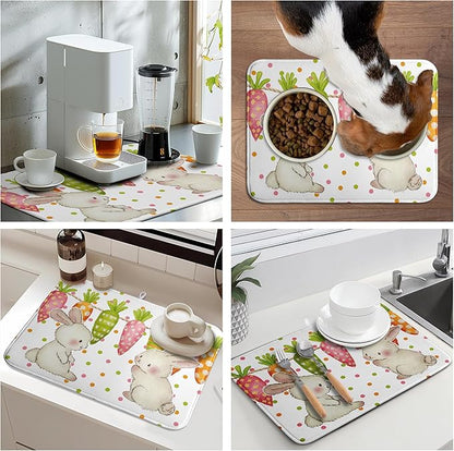 Easter Spring Dish Drying Mats Cute Bunny Dish Mat Easter colorful Carrots Drying Matt Dishes Dryer Pad for Kitchen Counter Absorbent Microfiber Washable Foldable Reusable 18x24 in