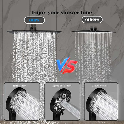 Shower Head, 8 inch Multifunction High Pressure Rain Shower Head with Handheld Spray Combo with 11'' Angle Adjustable Extension Arm/Flow Regulator/Shower System Matte Black
