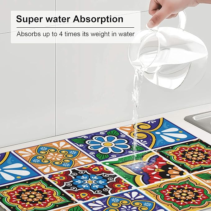 Talavera Mexican Tiles Dish Drying Mats for Kitchen Counter, Absorbent Reversible Microfiber Dish Drying Pad, Multi-Use Large Drying Mat Coffee Bar Accessories 18"x24"