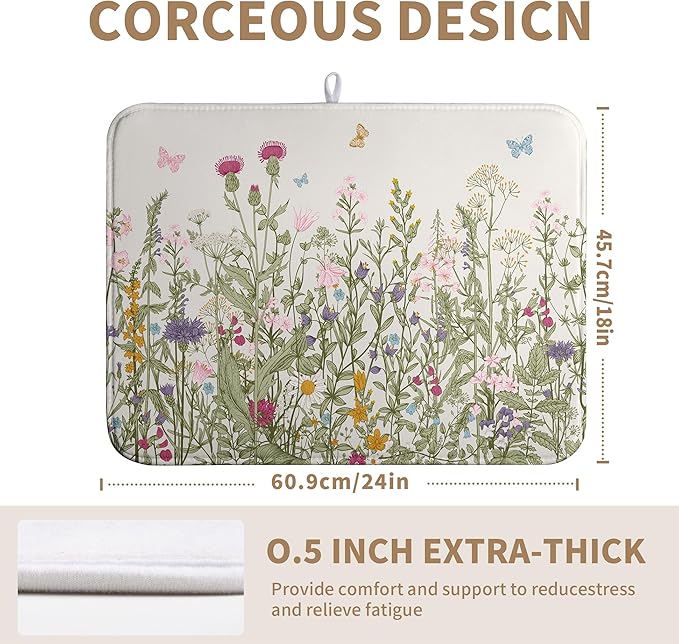Wildflower Floral Dish Drying Mat for Kitchen Counter Vintage Rustic Flower Drying Mats Spring Summer Herb Plant Absorbent Microfiber Dishes Pad Washable Dish Draining Mat Extra Large 18"x24"