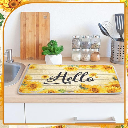 Zonon Dish Drying Mat for Kitchen Counter 16 x 24 Microfiber Absorbent Dish Drainer Rack Pads Fast Dry Mat Vintage Kitchen Decorations(Yellow,16" X 24",Sunflower)