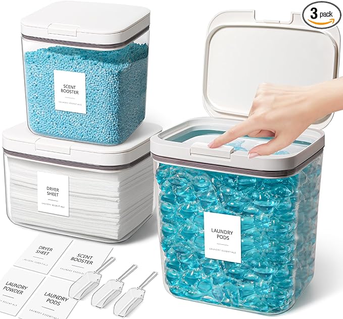 3 Pack Laundry Pods Container, Holder Dispenser for Laundry Room Organization Decor, for Storage, Dishwasher Pods, Scent Booster, Dryer Sheet, 152+94+67fl oz with Lids, Scoops & Labels