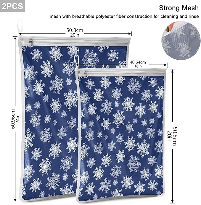 Mesh Laundry Bags Lingerie Bags for Washing Delicates 2 PCS Durable Wash Bag with Zipper Small and Medium Washable Navy Blue Snowflakes