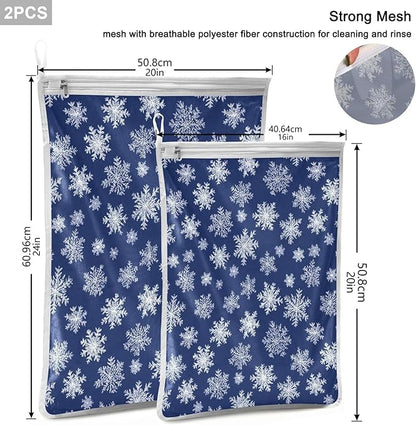 Mesh Laundry Bags Lingerie Bags for Washing Delicates 2 PCS Durable Wash Bag with Zipper Small and Medium Washable Navy Blue Snowflakes