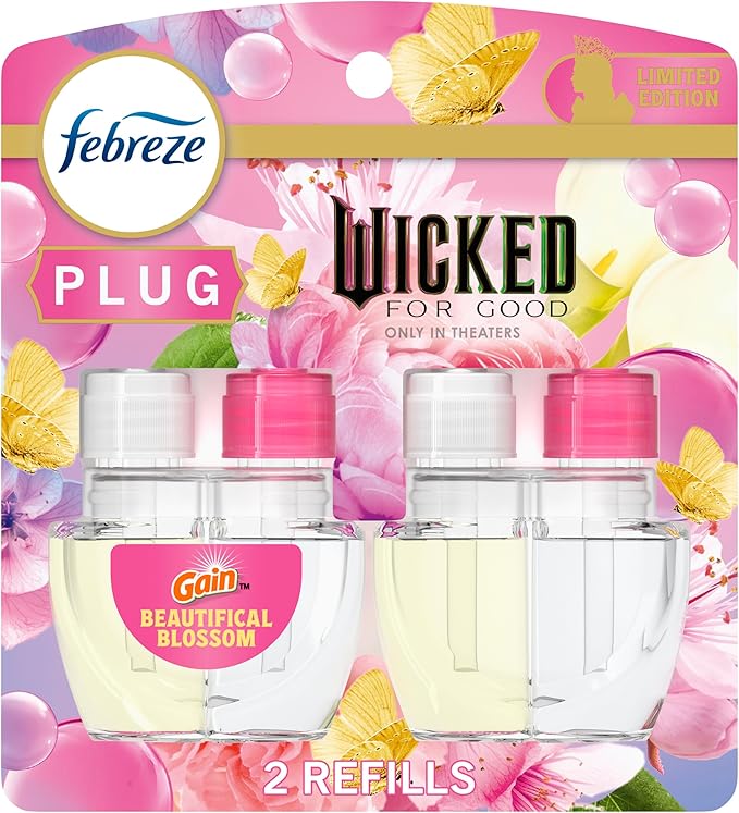 Febreze Plug-In Air Freshener, “Wicked: For Good” Limited Edition Odor-Fighting Scented Oil Refill, Home, Bathroom & Kitchen Use, Long Lasting, Beautifical Blossom, 2 Count