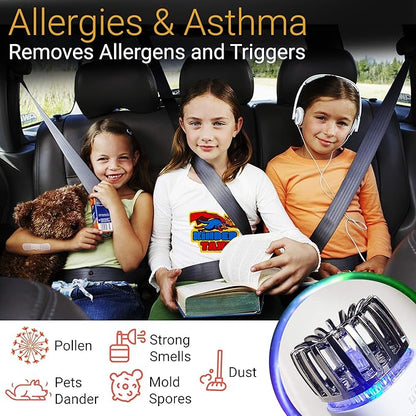 Car Air Purifier Ionizer - 12V Plug-in Ionic Anti-Microbial Car Deodorizer with Dual USB Charger - Smoke Smell, Pet and Food Odors, Allergens, Viruses Eliminator for Car (Matte White)