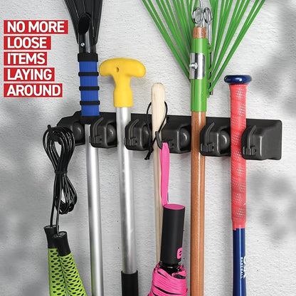 2 Pack Mop and Broom Holder Wall Mount - Garage Storage Organizer with 5 Slots, 6 Hooks, 7.5lbs Capacity Per Slot - Home, Kitchen, Closet, Laundry Room Organization – Black Broom Hanger