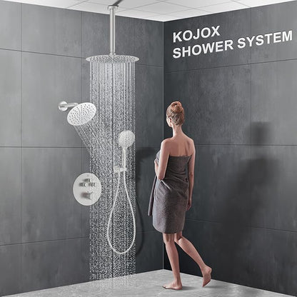 KOJOX Brushed Nickel Thermostatic Shower System, Push Button Diverter Shower Faucet Set with 12" Ceiling Mount Rain Shower, 8" Wall Mount Shower Head, and 3-in-1 Handheld Spray