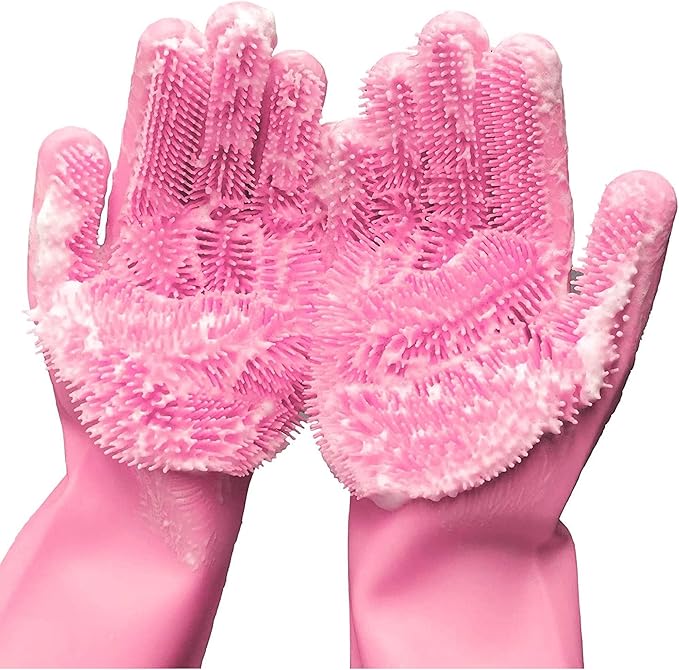 Reusable Cleaning Silicone Gloves with Scrubber Bristles for Dishwashing, Dog Pet Grooming & Car Wash (13.6" Large)