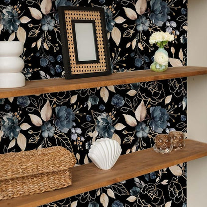Black and Gold Floral Peel and Stick Wallpaper Self Adhesive Removable Thick Modern Dark Botanical Watercolor Navy Blue Flower Accent Wall for Bedroom Bathroom Renter Friendly 17.7" x 393.3"