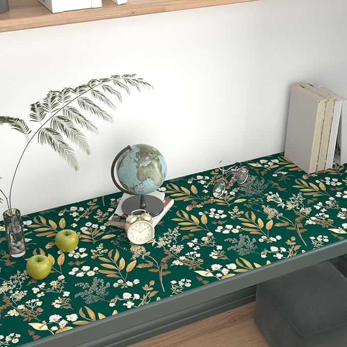 Laatse Dark Green Floral Wallpaper Peel and Stick Green Golden Leaf Wallpaper Vintage Floral Contact Paper Waterproof Self Adhesive Boho Delicate Wall Paper for Cabinet Rooms Walls Locker 17.5" x 118"