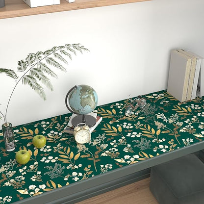 Laatse Dark Green Floral Wallpaper Peel and Stick Green Golden Leaf Wallpaper Vintage Floral Contact Paper Waterproof Self Adhesive Boho Delicate Wall Paper for Cabinet Rooms Walls Locker 17.5" x 118"