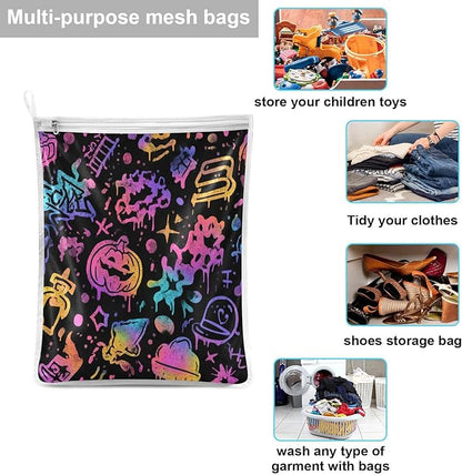 Mesh Laundry Bags Lingerie Bags for Washing Delicates 2 PCS Durable Wash Bag with Zipper Small and Medium Washable Black Punk Pumpkin Halloween