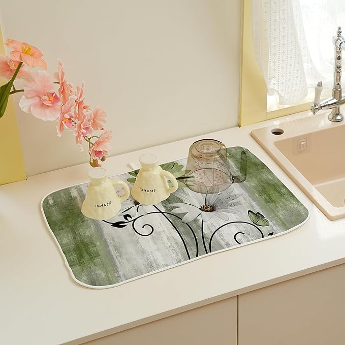 Floral Dish Drying Mat 18x24 Inches For Kitchen Counter Sage Green Daisy Flower Kitchen Decoration Drying Mat Modern Decorative Drying Pad For Home Kitchen Decor,Dining Room,Office Decor
