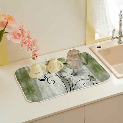 Floral Dish Drying Mat 18x24 Inches For Kitchen Counter Sage Green Daisy Flower Kitchen Decoration Drying Mat Modern Decorative Drying Pad For Home Kitchen Decor,Dining Room,Office Decor