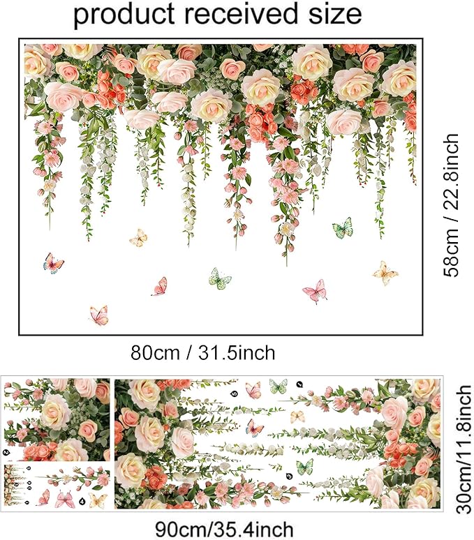 Vivid Roses Wall Stickers, Hanging Vine Floral Wall Decals Butterfly Sticker, Peel and Stick Wallpaper for Baby Nursery Girls Bedroom Living Room Decor