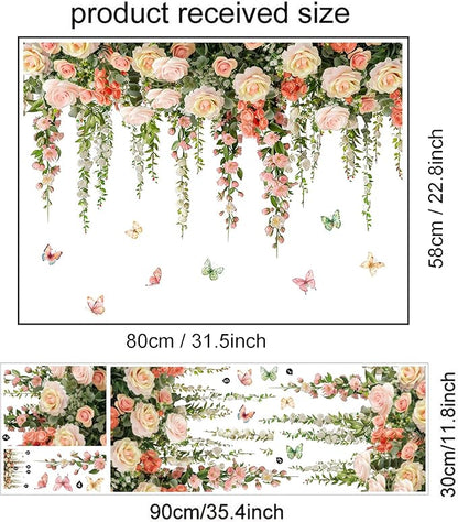 Vivid Roses Wall Stickers, Hanging Vine Floral Wall Decals Butterfly Sticker, Peel and Stick Wallpaper for Baby Nursery Girls Bedroom Living Room Decor