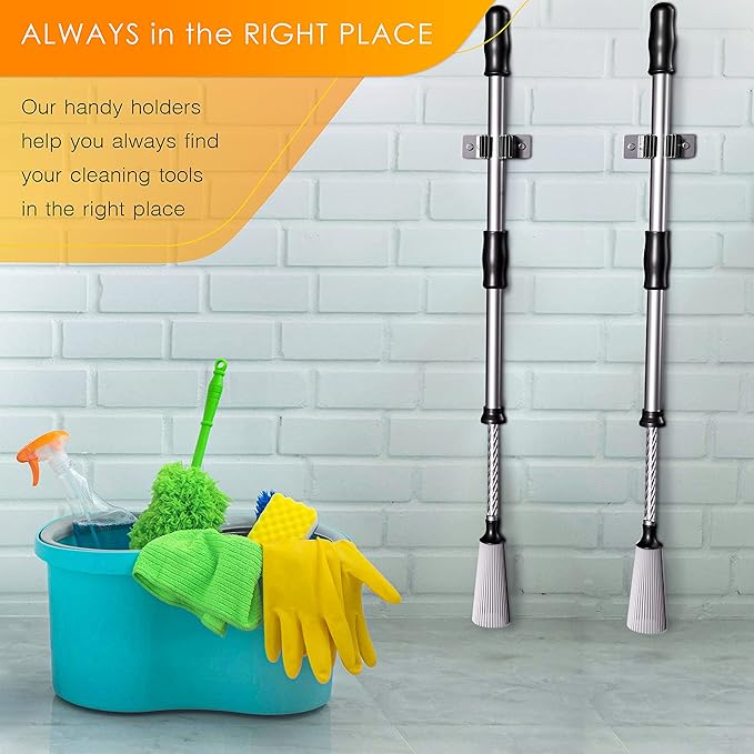 Self Adhesive Broom and Mop Holder Wall Mounted – SUS304 Stainless Steel 2-Slot Organizer with Anti-Slip Rubber Grips, 25lb Load, Adjustable for 0.6–1.4" Handles, Garage Kitchen Bathroom Use, 3 Pcs