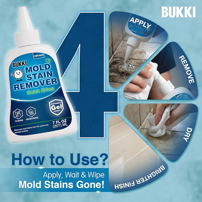 BUKKI Professional Mold Stain Remover Gel (7 FL OZ), Heavy Duty Thick Gel for Shower Grout, Front Load Washer Seals, Caulking, Bathrooms, Sinks and Tile