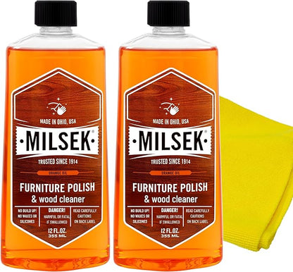 Milsek Furniture Polish and Wood Cleaner with Orange Oil - Multipurpose Cleaning Supplies for Home and Household from Hardwood Floors to Kitchen Cabinets- 12 Fl Oz (Pack of 2) with Microfiber Towel