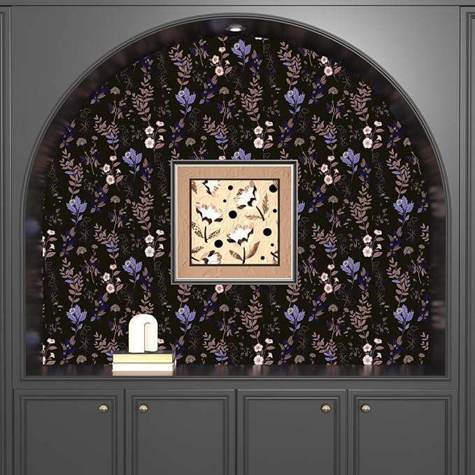 Fvlow Black Floral Wallpaper Peel and Stick Purple Leaf Contact Paper 17.4" X 118" Moody Dark Wallpaper Waterproof Self-Adhesive Vintage Wall Covering for Bedroom Countertop Desk Cabinets Decor