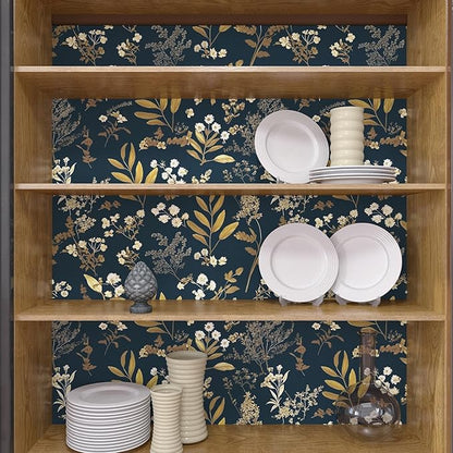 Laatse Dark Blue Leaf Wallpaper Peel and Stick Dark Floral Wallpaper for Bedroom Vintage Leaf Contact Paper Waterproof Self Adhesive Boho Floral Wall Paper for Bedroom Walls Countertop 17.5in x 393in