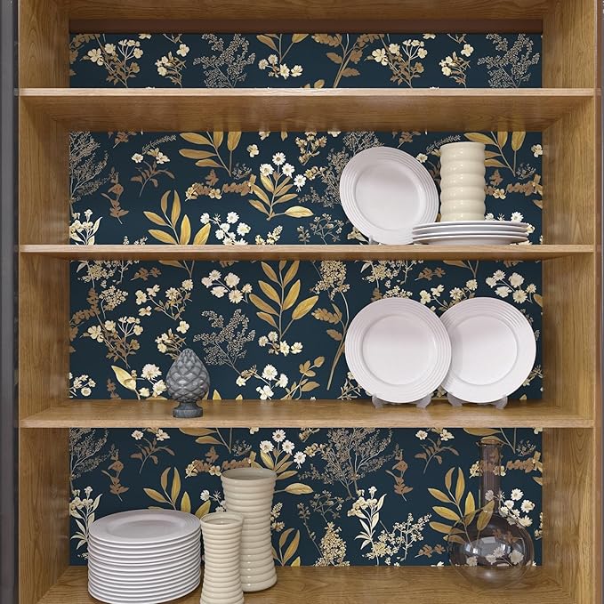 Laatse Dark Blue Leaf Wallpaper Peel and Stick Dark Floral Wallpaper for Bedroom Vintage Leaf Contact Paper Waterproof Self Adhesive Boho Floral Wall Paper for Bedroom Walls Countertop 17.5in x 118in