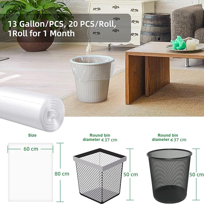Waikas Kitchen Trash Bags 13 Gallon, 20 Counts, Flag Garbage Bags with No Flaps and No Ties, 60cm*80cm, 16.8g/pcs, Unscented, White
