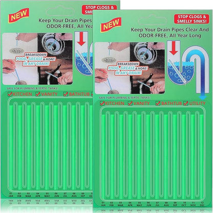 24pcs Drain Sticks Drain Cleaner Sticks Drain Sink Deodorizer Sticks Keep Your Drain Pipes Clear Keep Clogs for Kitchen Bathroom Toilet (Geen)