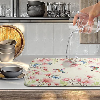 Spring Flowers Floral Dish Drying Mats Spring Summer Hummingbird Dish Mat Drying Matt Butterfly Dishes Dryer Pad for Kitchen Counter Absorbent Microfiber Washable Foldable Reusable 18x24 in