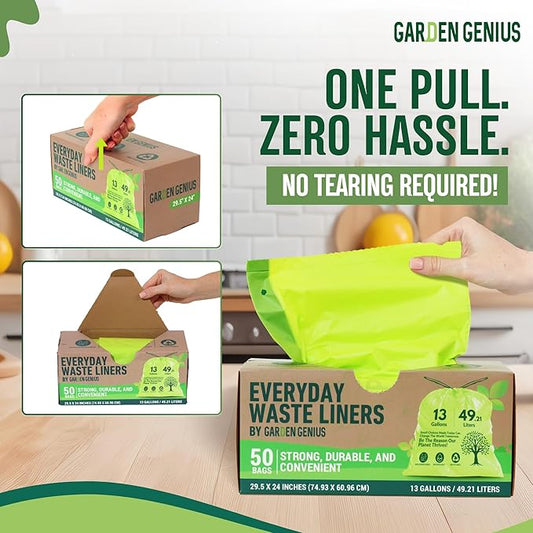 Biodegradable 13-Gallon Kitchen Waste Bags (50-Pack) | Strong, Heavy-Duty Tall Trash Bags w/Drawstring | Fits Most Standard 13-Gallon (49.21 L) Cans | Eco-Friendly D2W, 30 Microns Thick, 29.5" x 24"