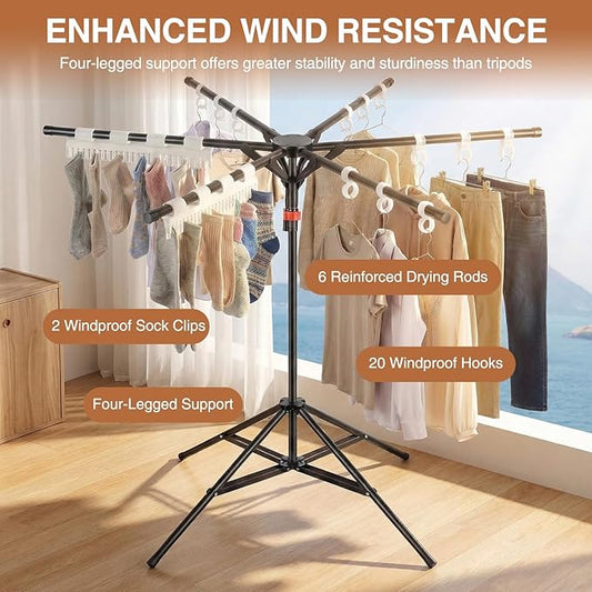 4-Leg Clothes Drying Rack with 6 Adjustable Poles, 20 Windproof Hooks and 2 Sock Clips Foldable Laundry Drying Rack, Space-Saving Indoor/Outdoor Clothes No-Installation Drying Stand, Black