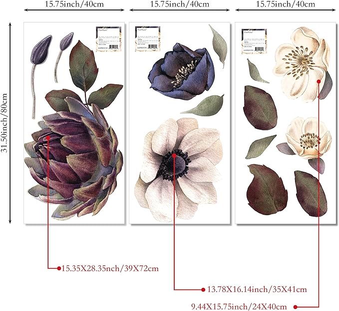 Fabric Peel and Stick Floral Wall Decal, Self-Adhesive Peony Flowers Wallpaper, Rose Sticker for Living Room Bedroom Wall Decor, Eden Garden A-3 PCs