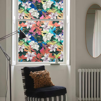 DKTIE Stained Glass Window Film Floral Vintage Style, Frosted Glass Effect Two-Way Privacy Window Film, Heat Insulation UV Protection Softening Light (S646, 17.7in X 78.7in)